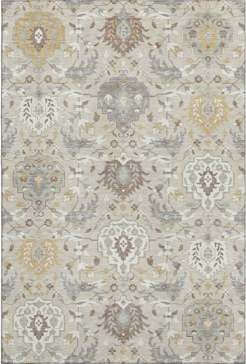 Beige Gold And Gray Damask Washable Area Rug With UV Protection Photo 1
