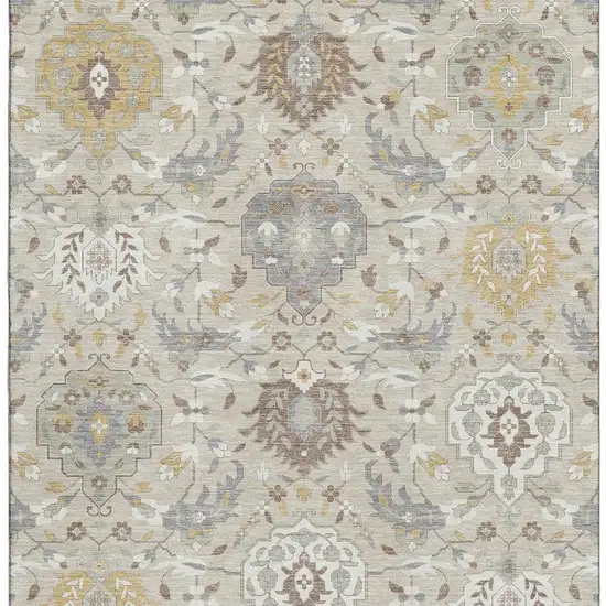 Beige Gold And Gray Damask Washable Area Rug With UV Protection Photo 3