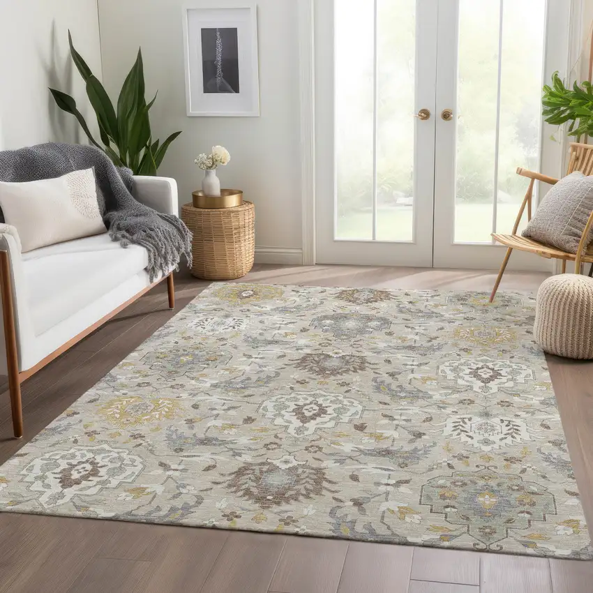 Beige Gold And Gray Damask Washable Area Rug With UV Protection Photo 5