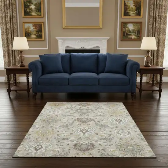 Beige Gold And Gray Damask Washable Area Rug With UV Protection Photo 2