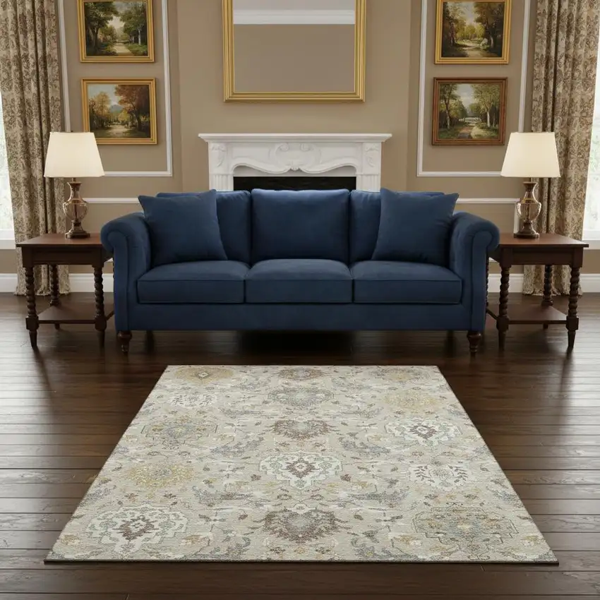 Beige Gold And Gray Damask Washable Area Rug With UV Protection Photo 2