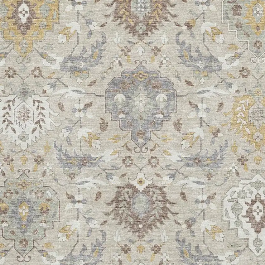 Beige Gold And Gray Damask Washable Area Rug With UV Protection Photo 2