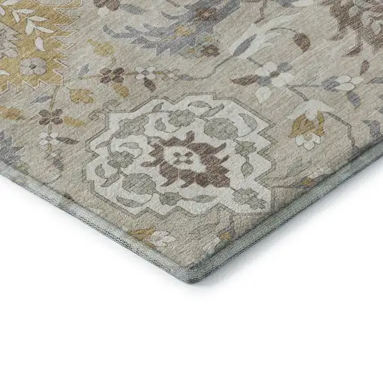 Beige Gold And Gray Damask Washable Area Rug With UV Protection Photo 7