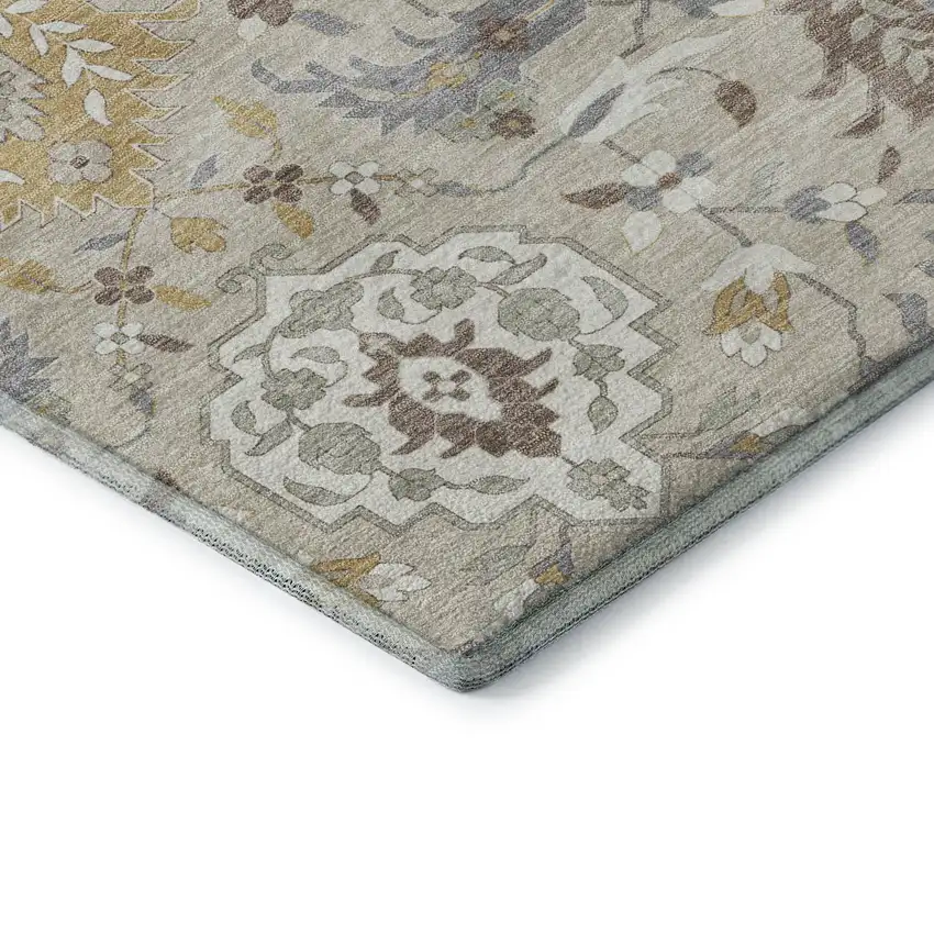 Beige Gold And Gray Damask Washable Area Rug With UV Protection Photo 7