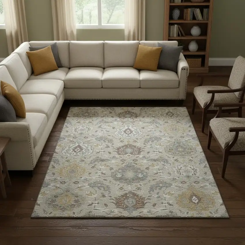 Beige Gold And Gray Damask Washable Area Rug With UV Protection Photo 2