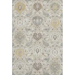 Photo of Beige Gold And Gray Damask Washable Area Rug With UV Protection