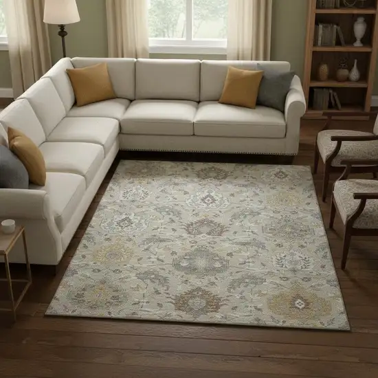 Beige Gold And Gray Damask Washable Area Rug With UV Protection Photo 2