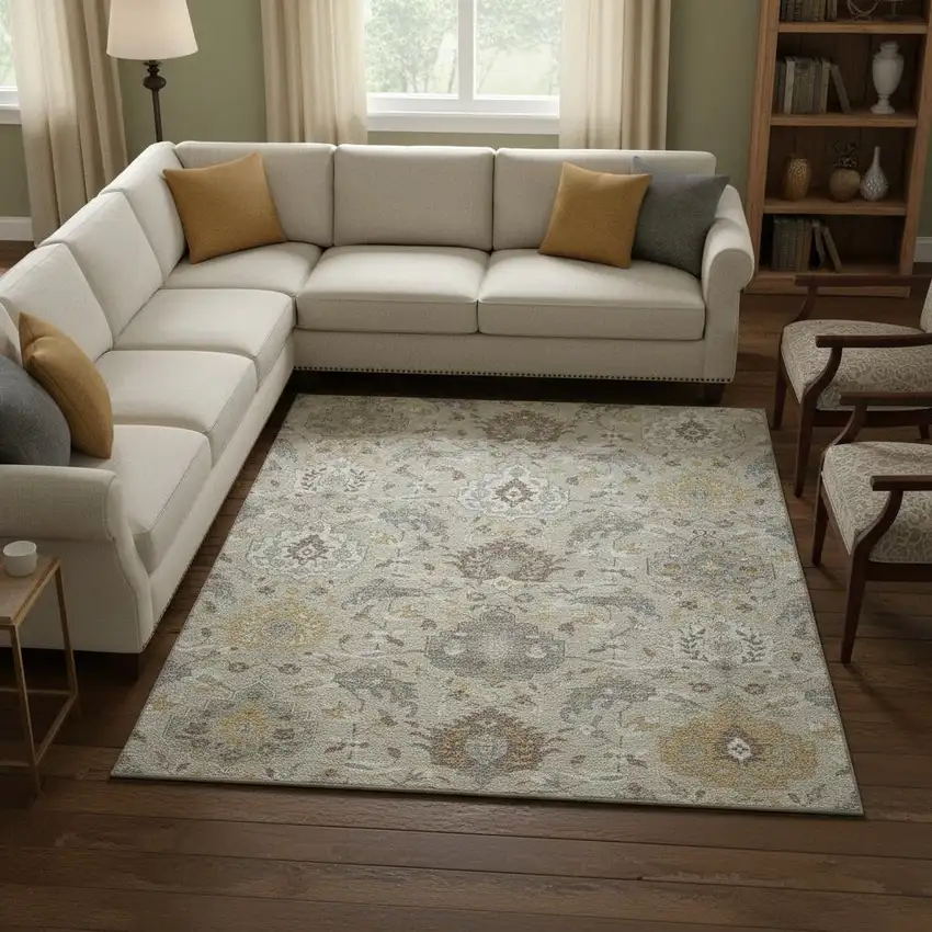 Beige Gold And Gray Damask Washable Area Rug With UV Protection Photo 2