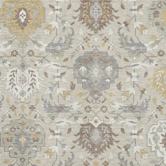 Beige Gold And Gray Damask Washable Area Rug With UV Protection Photo 2
