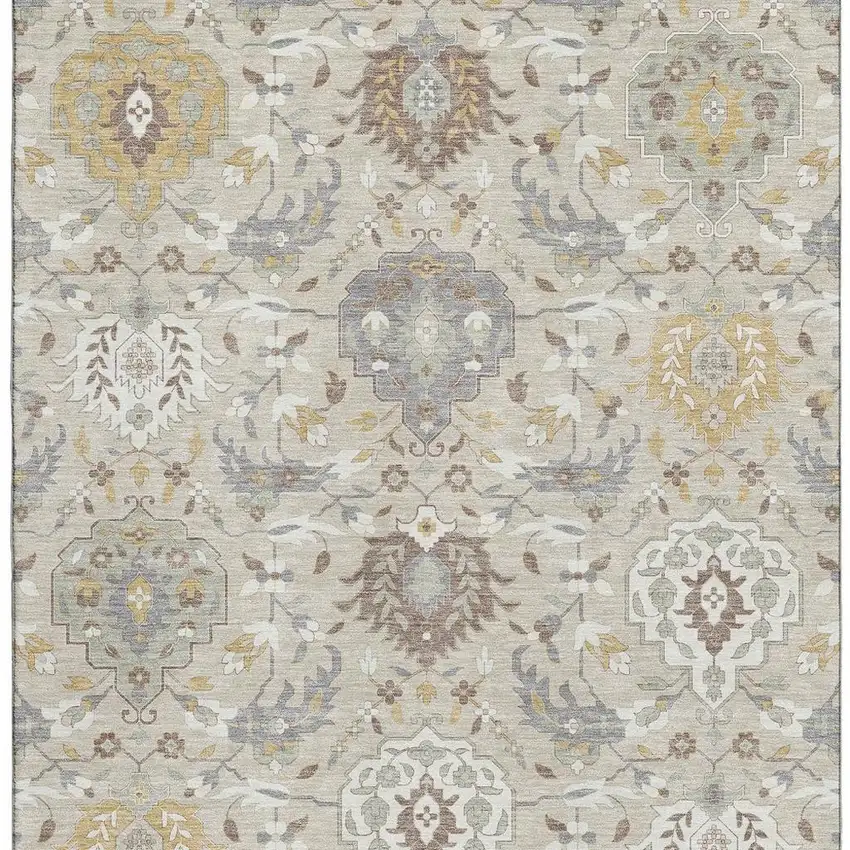 Beige Gold And Gray Damask Washable Area Rug With UV Protection Photo 3