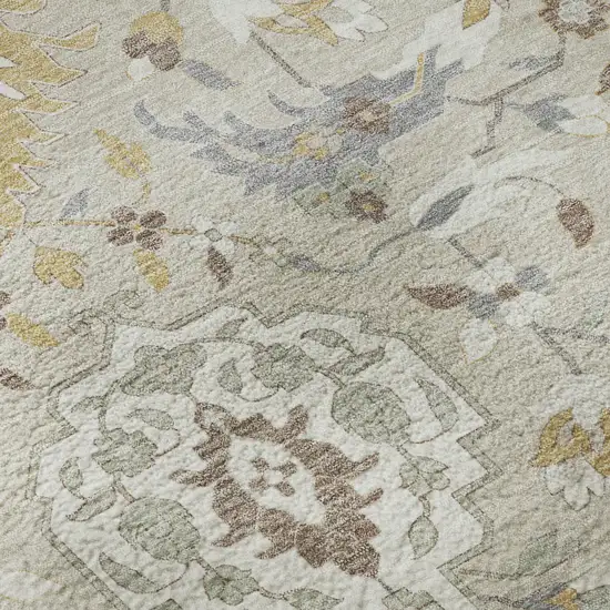 Beige Gold And Gray Damask Washable Area Rug With UV Protection Photo 9