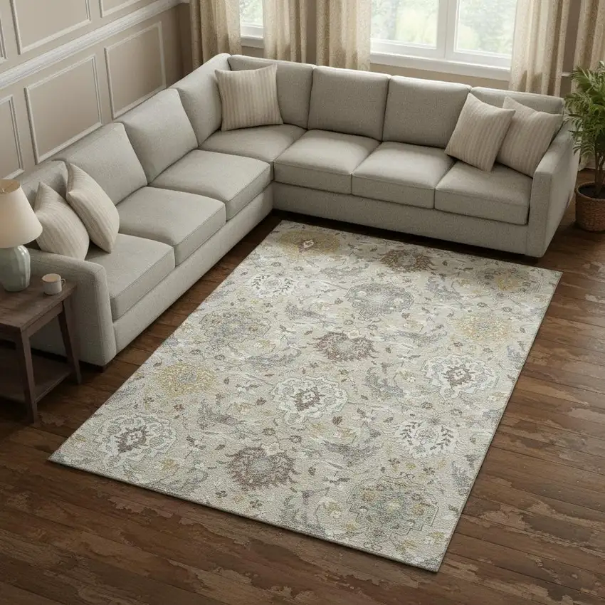 Beige Gold And Gray Damask Washable Area Rug With UV Protection Photo 2