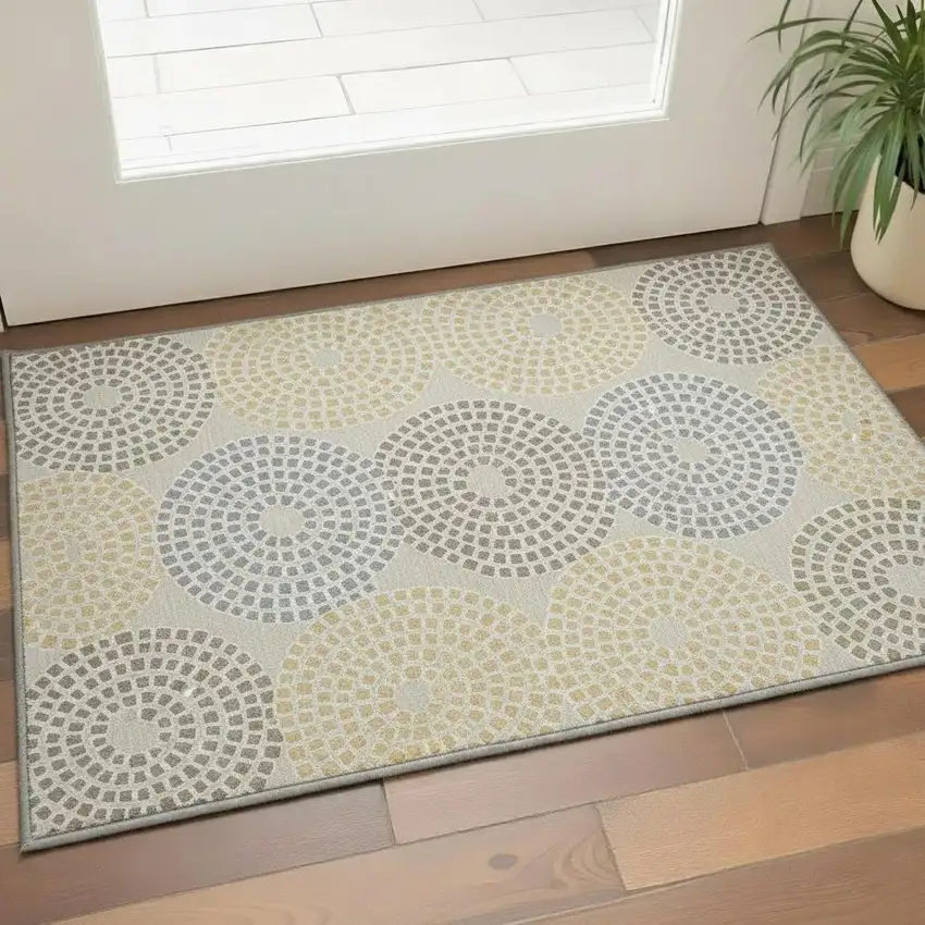 Beige Gold And Gray Geometric Washable Area Rug With UV Protection Photo 2