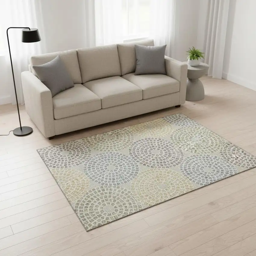 Beige Gold And Gray Geometric Washable Area Rug With UV Protection Photo 2