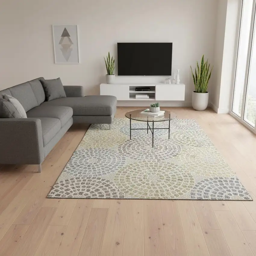 Beige Gold And Gray Geometric Washable Area Rug With UV Protection Photo 2