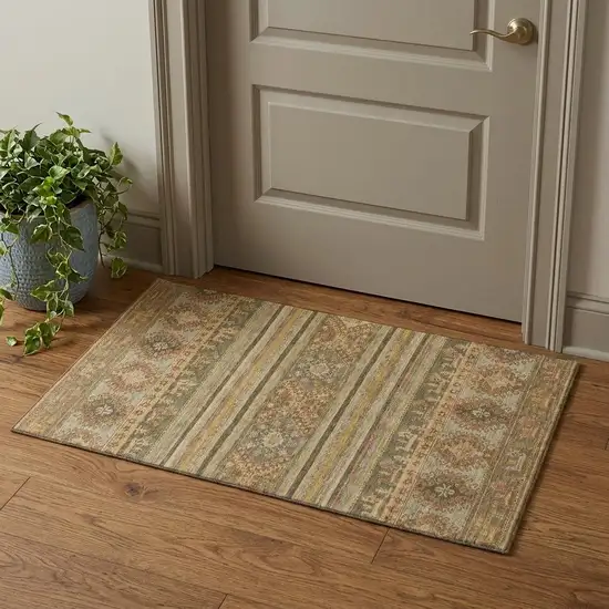 Beige Gold And Gray Medallion Washable Area Rug With UV Protection Photo 1
