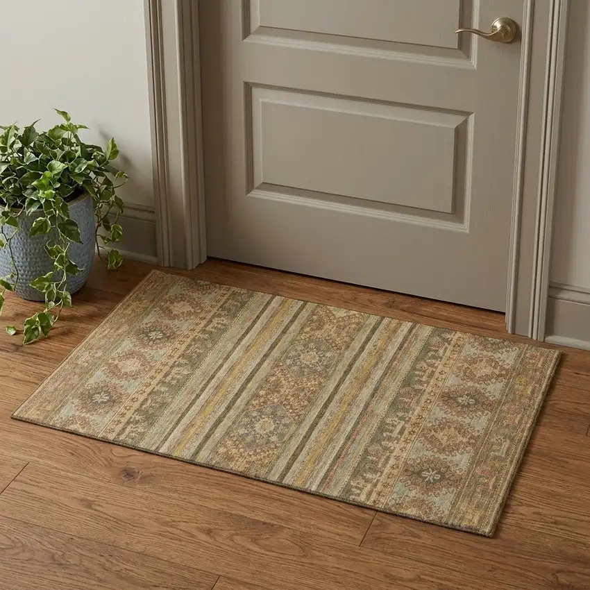 Beige Gold And Gray Medallion Washable Area Rug With UV Protection Photo 1