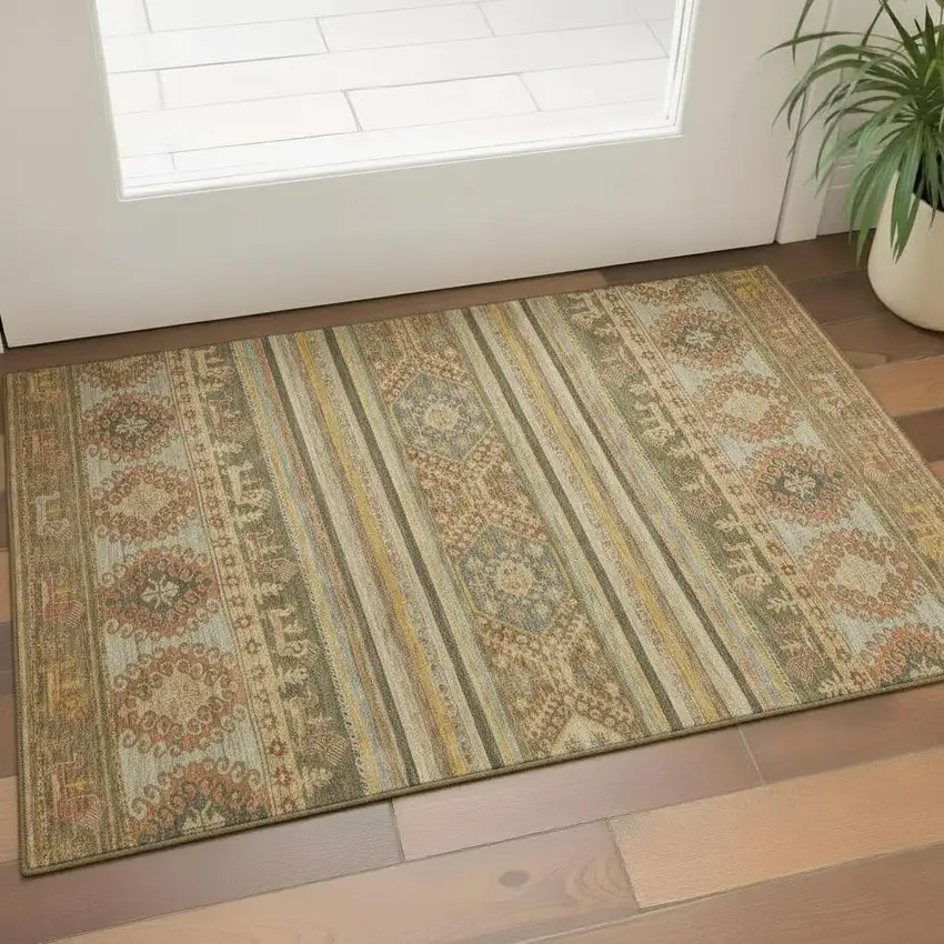 Beige Gold And Gray Medallion Washable Area Rug With UV Protection Photo 2