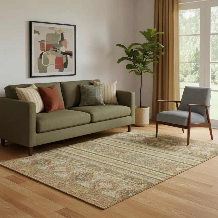 Beige Gold And Gray Medallion Washable Area Rug With UV Protection Photo 2