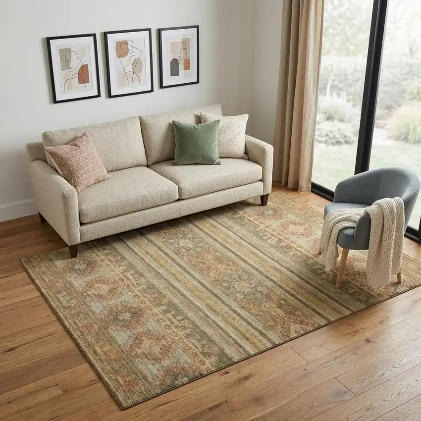 Beige Gold And Gray Medallion Washable Area Rug With UV Protection Photo 1