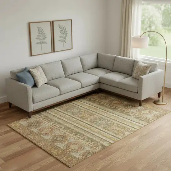 Beige Gold And Gray Medallion Washable Area Rug With UV Protection Photo 2