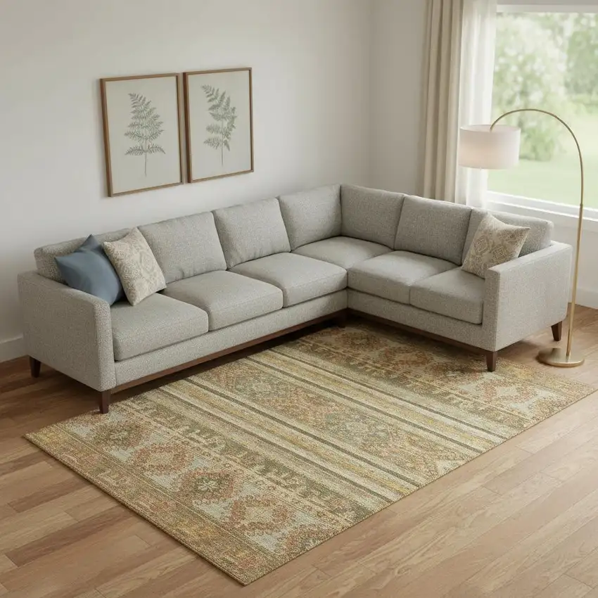 Beige Gold And Gray Medallion Washable Area Rug With UV Protection Photo 2