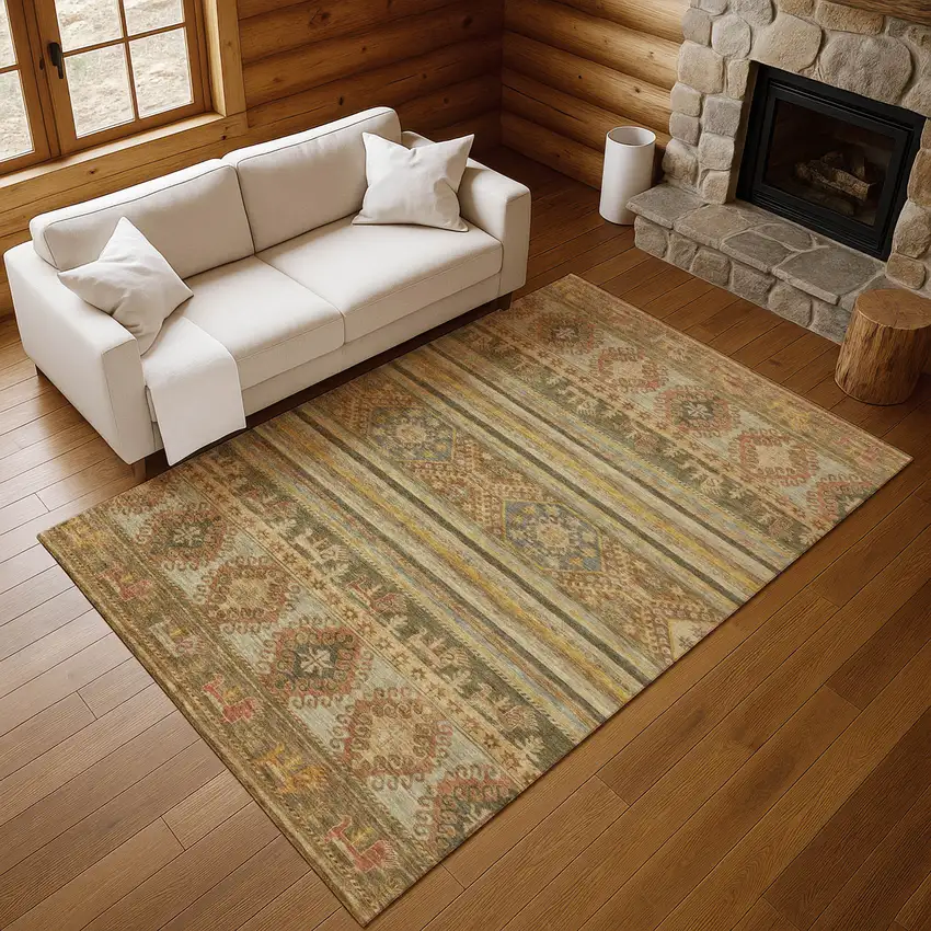 Beige Gold And Gray Medallion Washable Area Rug With UV Protection Photo 6