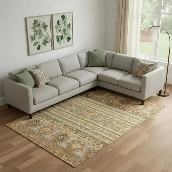 Beige Gold And Gray Medallion Washable Area Rug With UV Protection Photo 2