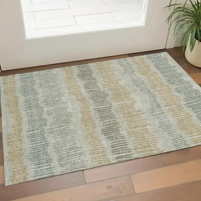 Beige Gold And Gray Striped Washable Area Rug With UV Protection Photo 1
