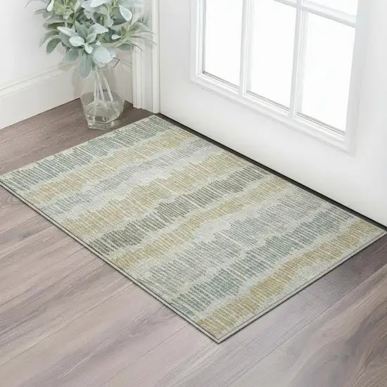 Beige Gold And Gray Striped Washable Area Rug With UV Protection Photo 2