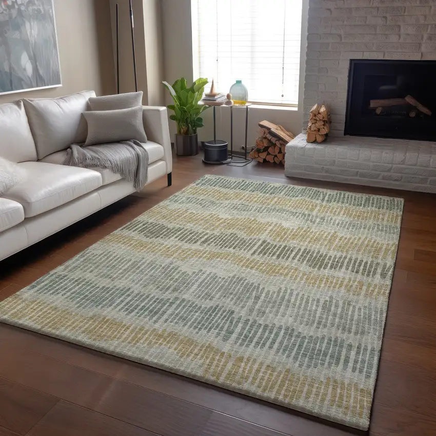 Beige Gold And Gray Striped Washable Area Rug With UV Protection Photo 5