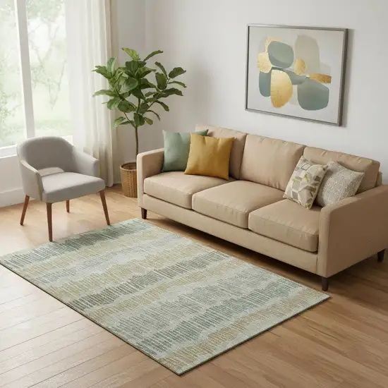 Beige Gold And Gray Striped Washable Area Rug With UV Protection Photo 1