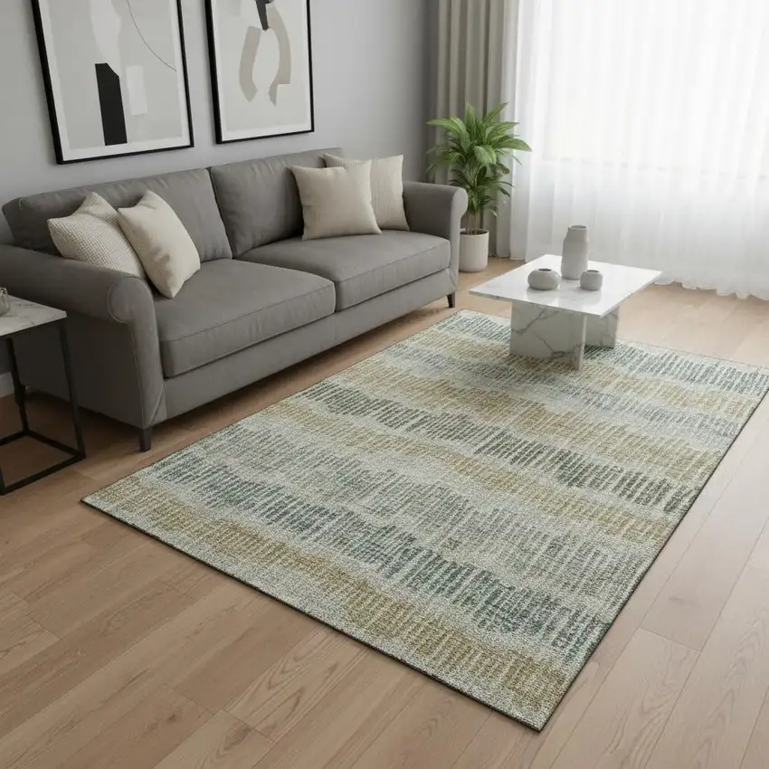 Beige Gold And Gray Striped Washable Area Rug With UV Protection Photo 2