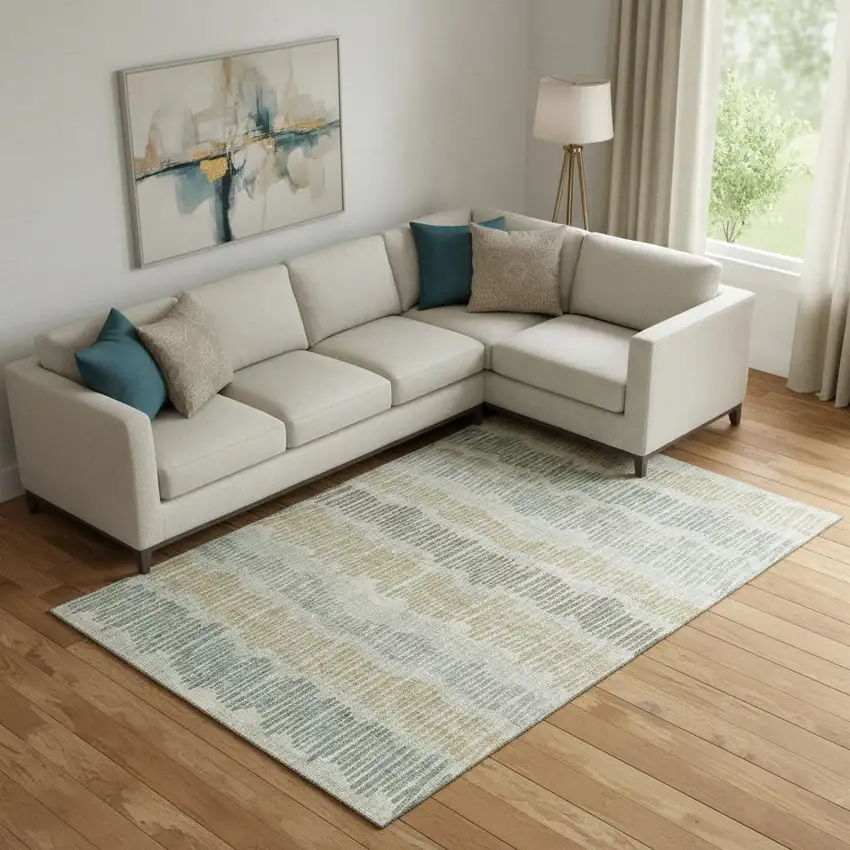 Beige Gold And Gray Striped Washable Area Rug With UV Protection Photo 1