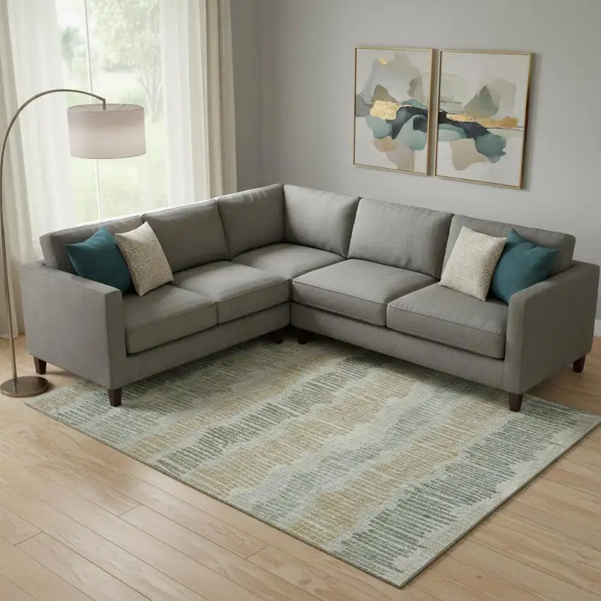 Beige Gold And Gray Striped Washable Area Rug With UV Protection Photo 2