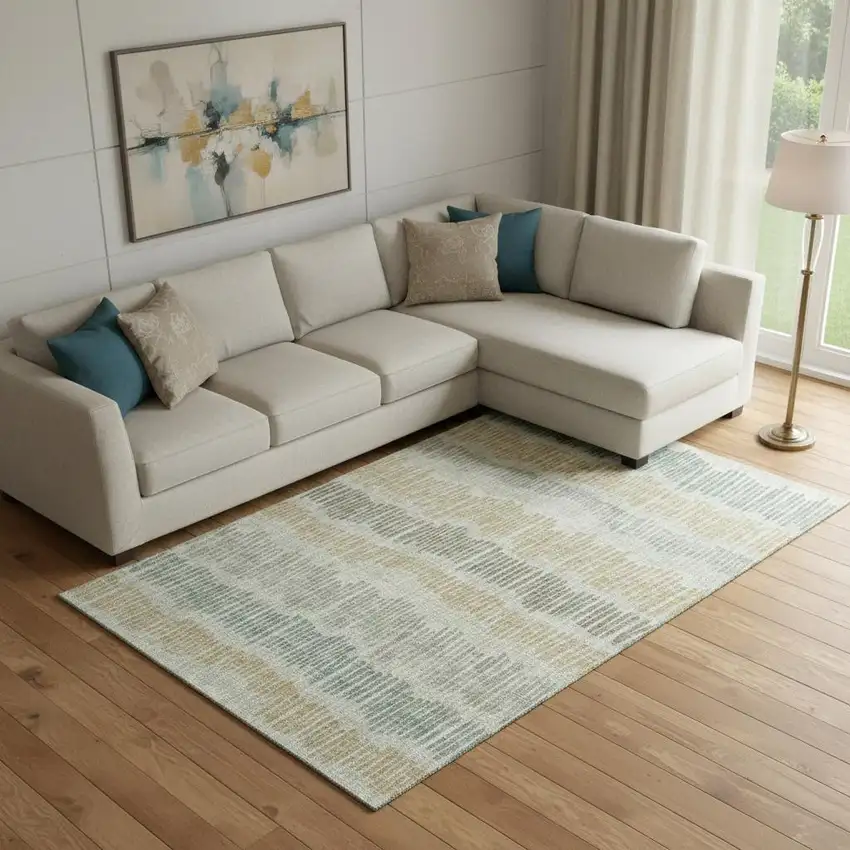 Beige Gold And Gray Striped Washable Area Rug With UV Protection Photo 1