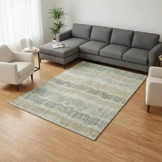 Beige Gold And Gray Striped Washable Area Rug With UV Protection Photo 2