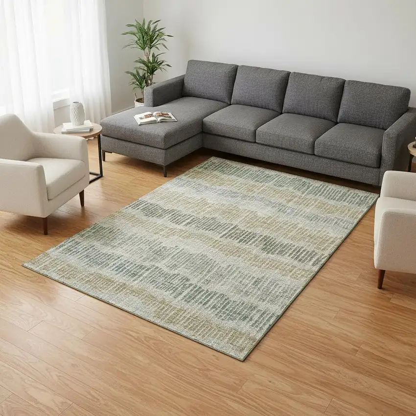 Beige Gold And Gray Striped Washable Area Rug With UV Protection Photo 2