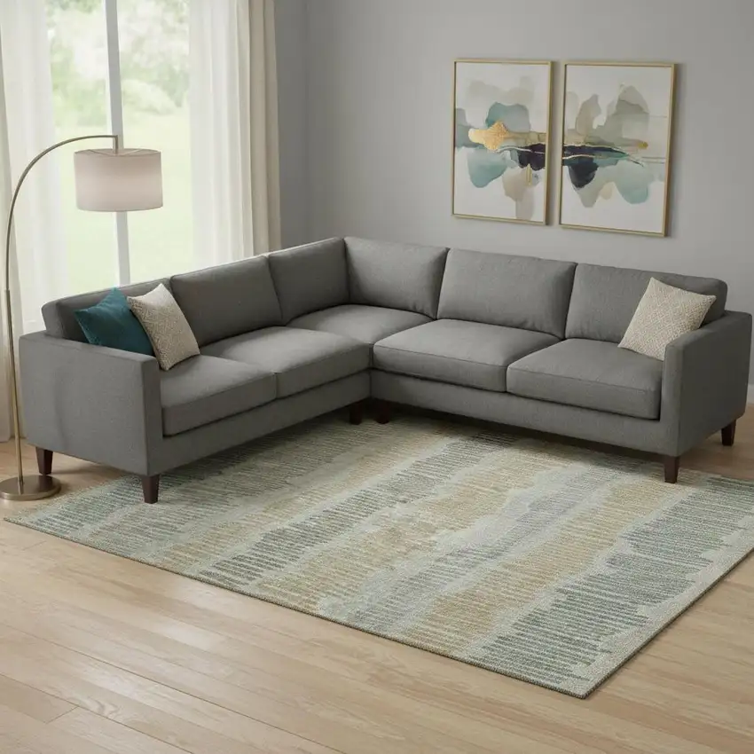 Beige Gold And Gray Striped Washable Area Rug With UV Protection Photo 1