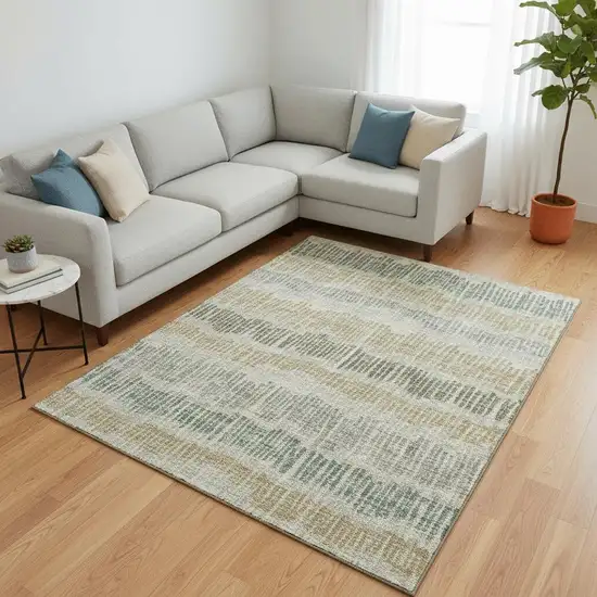 Beige Gold And Gray Striped Washable Area Rug With UV Protection Photo 2