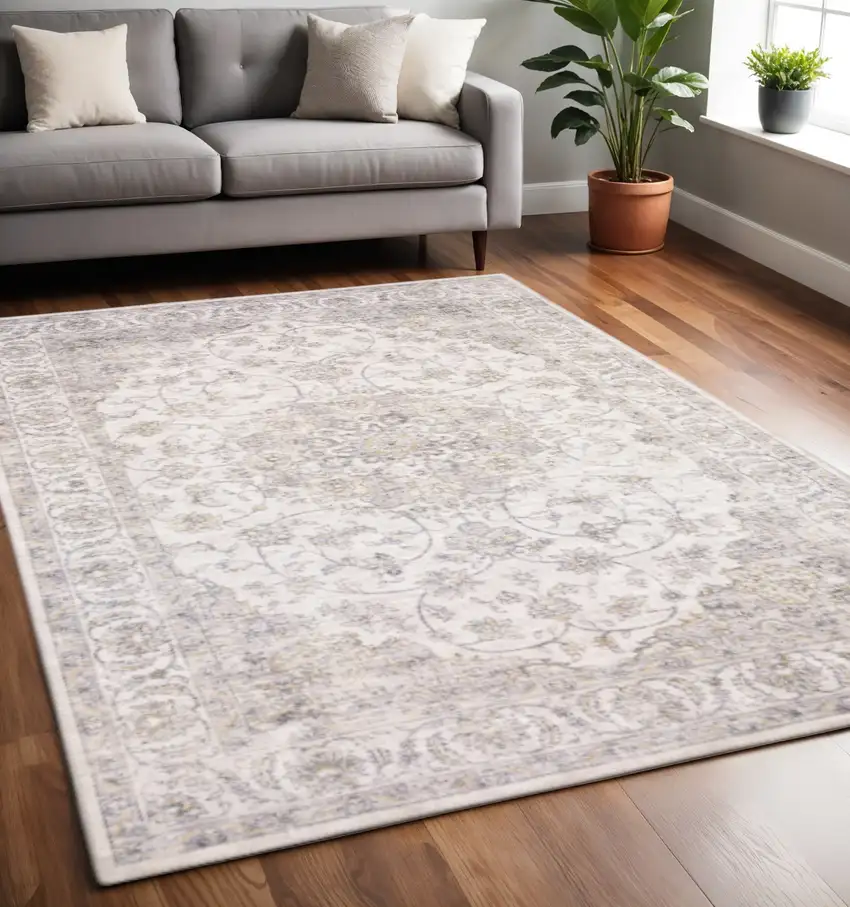 Beige Gold And Grey Oriental Power Loom Stain Resistant Area Rug Photo 1