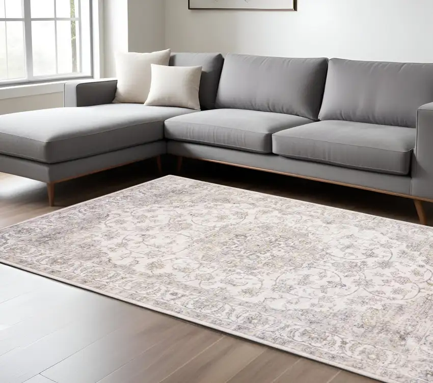 Beige Gold And Grey Oriental Power Loom Stain Resistant Area Rug Photo 1