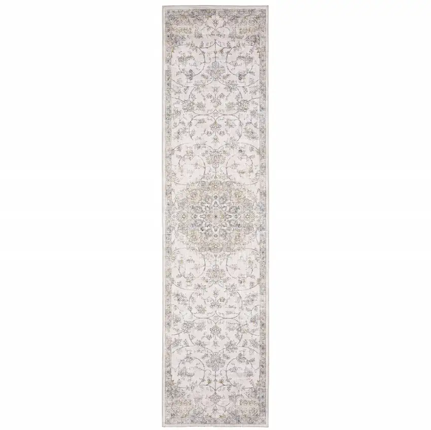 Beige Gold And Grey Oriental Power Loom Stain Resistant Runner Rug Photo 1