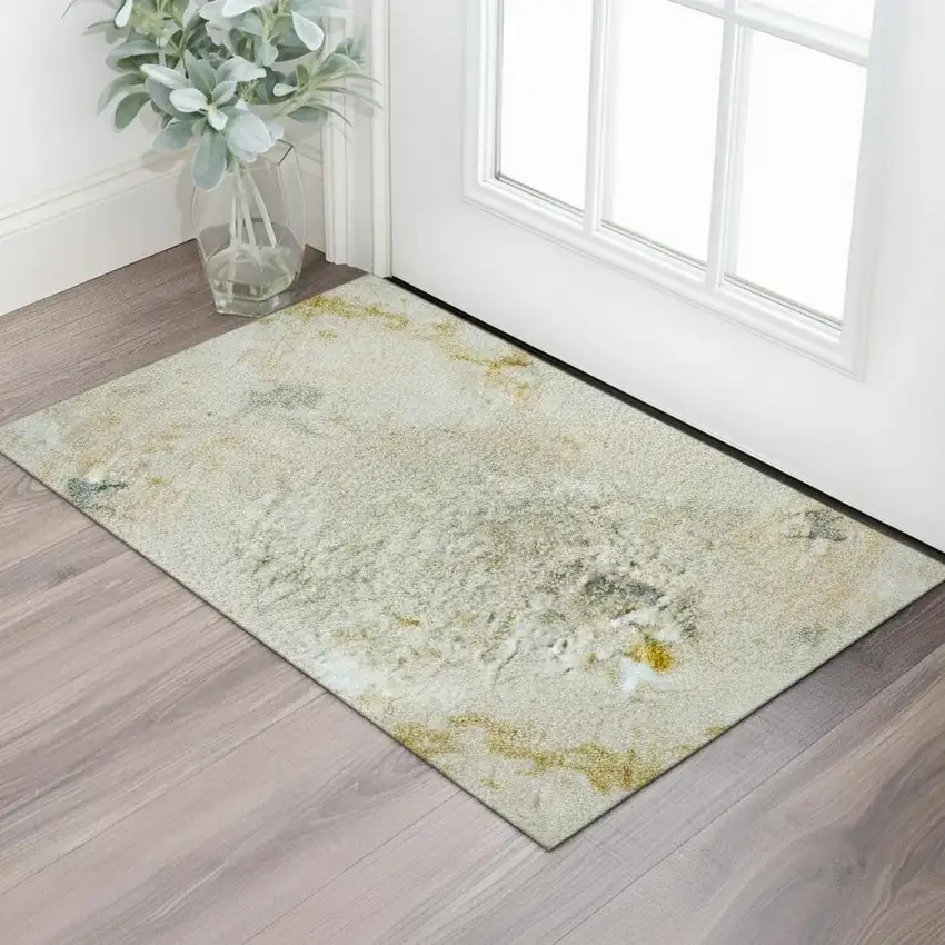 Beige Gold And Ivory Abstract Washable Area Rug With UV Protection Photo 2