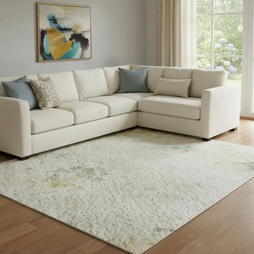 Beige Gold And Ivory Abstract Washable Area Rug With UV Protection Photo 2