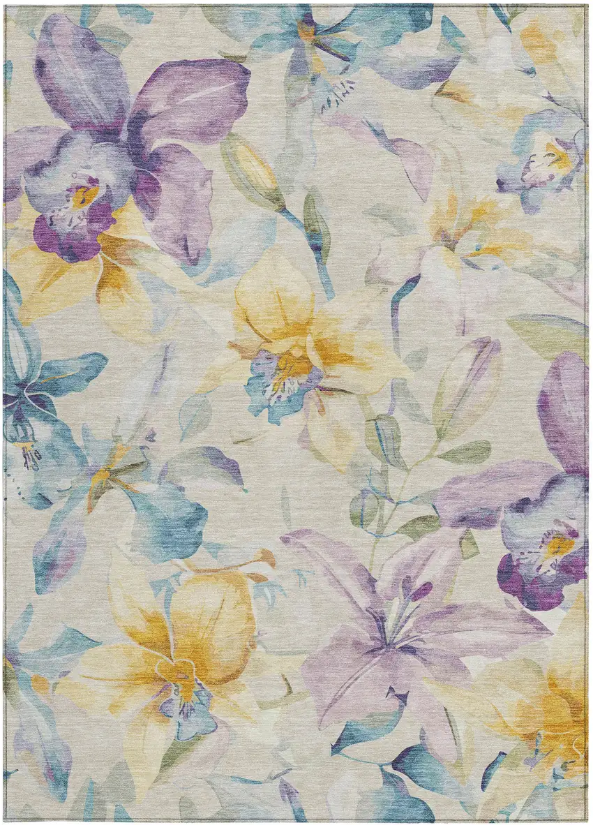 Beige Gold And Lavender Floral Washable Indoor Outdoor Area Rug Photo 5