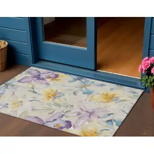 Photo of Beige Gold And Lavender Floral Washable Indoor Outdoor Area Rug