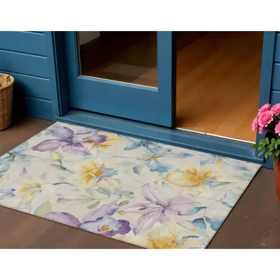 Beige Gold And Lavender Floral Washable Indoor Outdoor Area Rug Photo 1