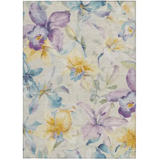 Beige Gold And Lavender Floral Washable Indoor Outdoor Area Rug Photo 5