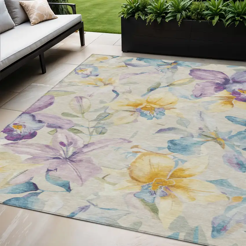 Beige Gold And Lavender Floral Washable Indoor Outdoor Area Rug Photo 1